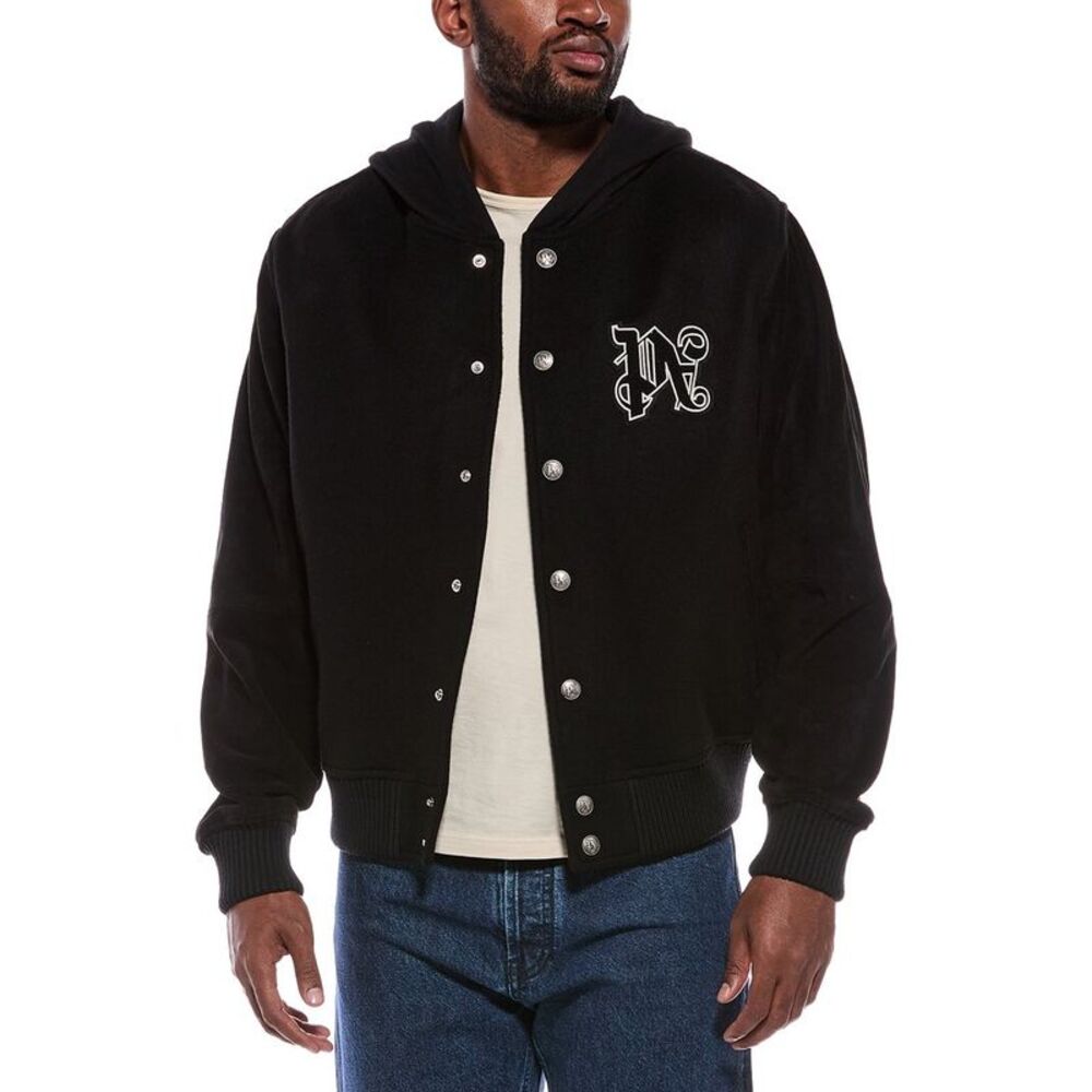 Palm Angels Mens  Hooded Suede-Trim Wool-Blend Jacket, Black